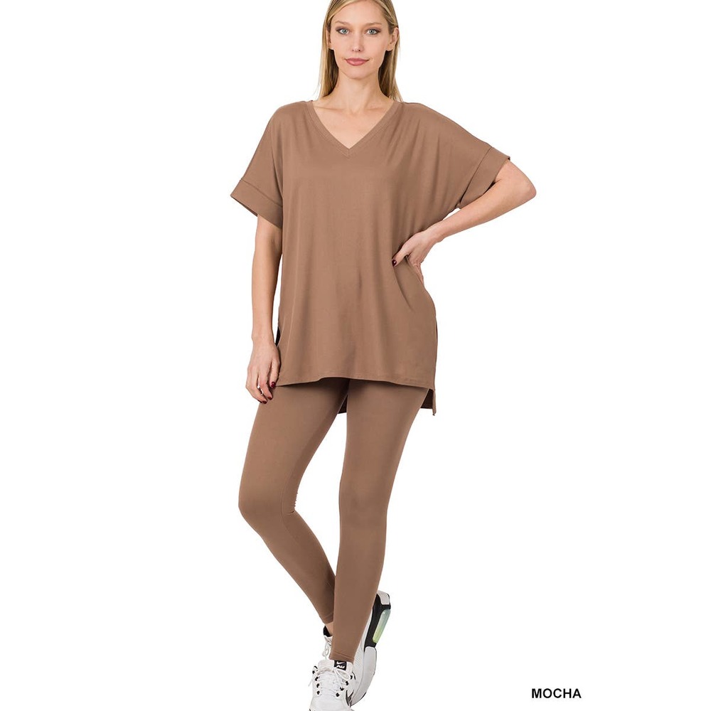 Women Plus Brushed Microfiber Loungewear Short Sleeve Leggings Set